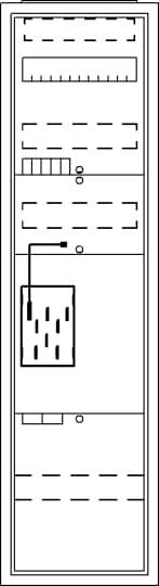 Technische Zeichnung eines elektronischen Schaltschranks mit mehreren Modulen und Anschlüssen.