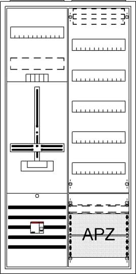 Diagramm: Elektrische Schaltschrankanordnung mit markierten Schaltkreiskomponenten für APZ-Bereich rechts unten, Hauptschalter oben.