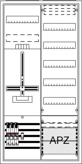 Diagramm eines Schaltschrankes mit mehreren Fächern und Beschriftung 'APZ'. Oben links ein Busbarsystem, unten links sind Stromschaltgeräte zu sehen.
