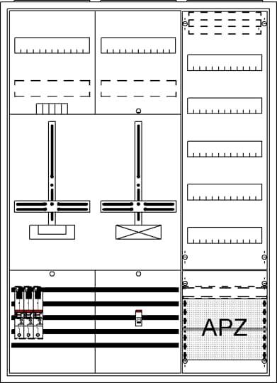 Schaltplan eines elektrischen Verteilerschranks mit Beschriftung 'APZ'. Zeigt Schalter, Sicherungen und Stromkreise für die Verteilung.