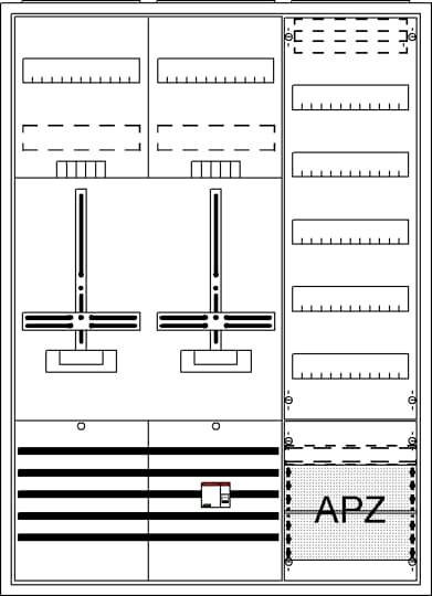 Elektrische Schalttafel mit zwei Kippschaltern, mehreren Sicherungen und dem Label 'APZ' unten rechts.