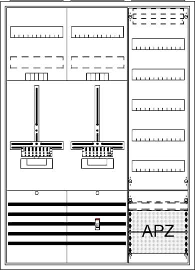 Schaltplan eines Elektronikgehäuses mit Beschriftung 'APZ'. Zeigt verschiedene Module und Stromschaltungen.