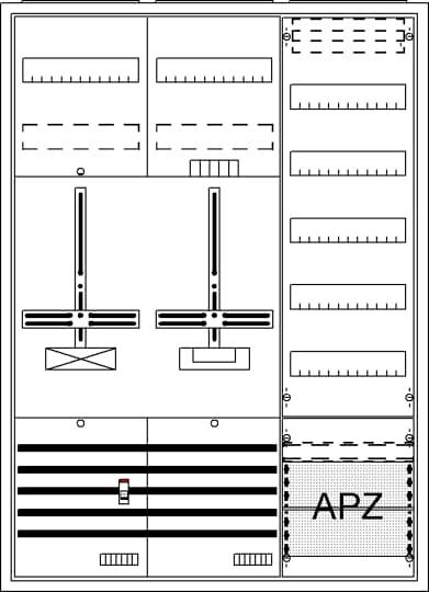 Schaltschrank mit zwei vertikalen Hebeln, APZ-Beschriftung unten rechts. Linien und Symbole weisen auf Steuerfunktionen hin.