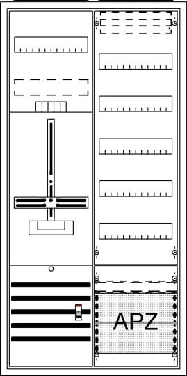 Schema eines Schaltschrankes mit Beschriftung 'APZ' im unteren rechten Bereich. Obere Hälfte zeigt Platz für elektronische Komponenten.