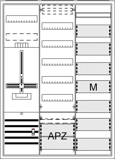 Schaltplan eines elektrischen Verteilers mit beschrifteten Abschnitten 'M' und 'APZ'. Zeigt die Anordnung der Komponenten und Steckplätze.