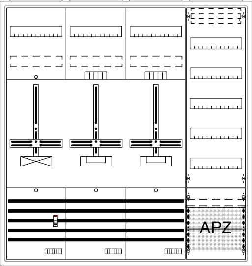 Konstruktionszeichnung eines Parkdecks mit markierten Parkplätzen, drei Einfahrtstore und dem markierten Bereich 'APZ' im rechten unteren Teil.