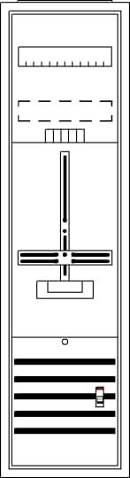 Skizze eines Elektronikbauteils mit mehreren rechteckigen Anschlussklemmen, vertikal mittig verläuft ein langer Schlitz.