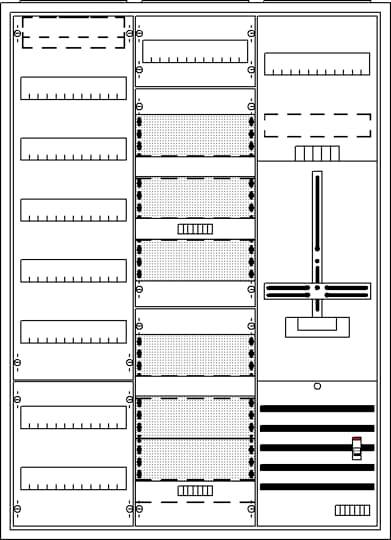 Ein Schaltschrank mit verschiedenen Steckplätzen und einem zentralen Hebel. Einige Steckplätze sind leer, andere sind ausgefüllt.