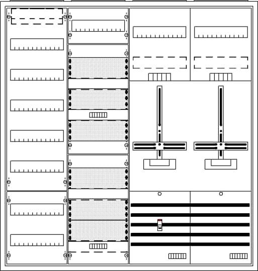 Technischer Schaltplan zeigt ein Schaltschrank-Layout mit verschiedenen Komponenten und Schaltkreisen, die für elektrotechnische Anwendungen verwendet werden.