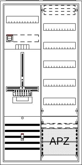 Technische Zeichnung eines Schaltschranklayouts mit verschiedenen Komponenten, Schaltern und einem Bereich markiert mit 'APZ'.