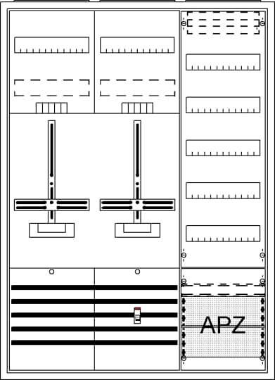 Schema eines elektrischen Schaltkastens mit mehreren Komponenten und Sicherungen. Rechts unten ist der Bereich mit der Beschriftung 'APZ'.