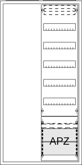 Diagramm eines Schranks mit mehreren horizontalen Einschüben und einem Bereich mit der Aufschrift 'APZ' unten rechts.