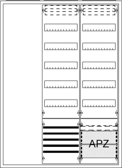 Gemeindeplanschrank mit mehreren Steckplätzen und einem markierten Bereich 'APZ' unten rechts. Hauptbereich links leer.