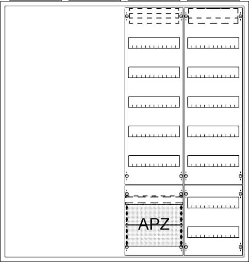 Schema einer Schaltanlage mit drei Abschnitten, vertikale Anordnung von Schalteinheiten, linke Seite leer, unterer Bereich mit APZ-Feld gekennzeichnet.