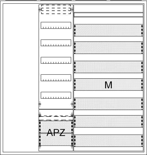 Diagramm eines Schaltschranks mit Abschnitten 'APZ' und 'M', die verschiedene Kompartimente für elektrische Komponenten zeigen.