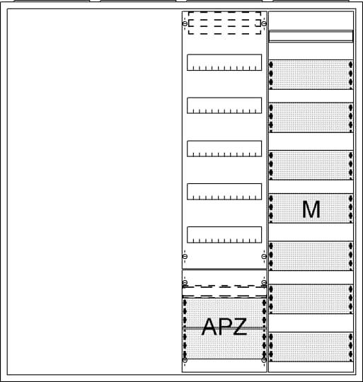 Diagramm eines Schaltschranks mit beschrifteten Bereichen: 'APZ' für Anschlussnischeneinrichtung, 'M' für Messeinrichtung.