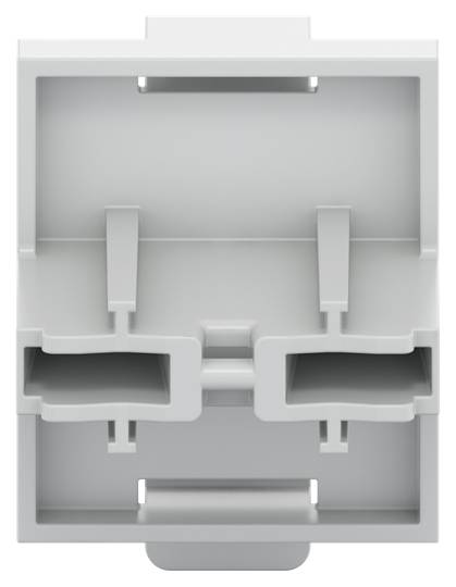 Graues, rechteckiges Kunststoffgehäuse mit Aussparungen und seitlichen Befestigungslaschen, wahrscheinlich für elektrotechnische Anwendungen.