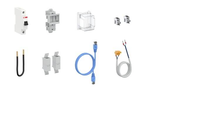 Abbildung von elektrischen Komponenten: Sicherungsautomat, Gehäuse, Steckverbinder, Kabel. Wichtig für elektrische Installationen.