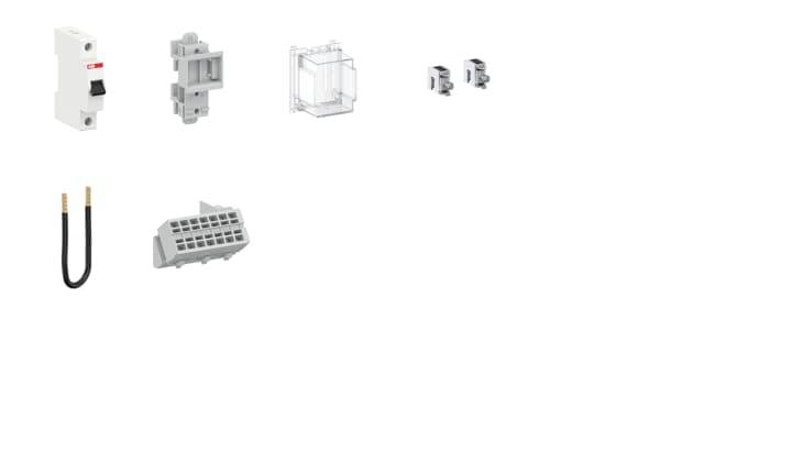 Elektrische Bauteile: Sicherung, Halterung, Abdeckung, Anschlüsse, Kabel und Klemmen, auf weißem Hintergrund.