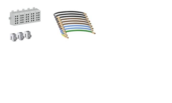 Steckverbinder-Set mit Weißem Gehäuse, fünf farbigen Kabeln und drei Metallkontakten. Geeignet für elektrische Verbindungen und Kabelmontage.