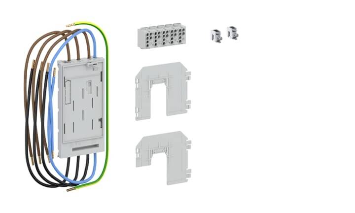 Elektrische Anschlusskomponenten mit mehreren Kabeln, Steckverbindungen und Befestigungsteilen zur Installation gezeigt.