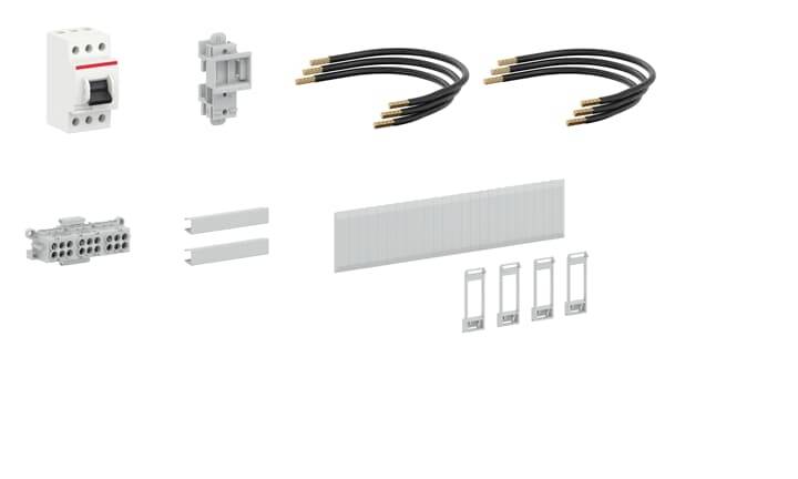 Verschiedene elektrische Komponenten, darunter ein Schutzschalter, Anschlussklemmen, Kabel und Befestigungsmaterial, auf weißem Hintergrund.