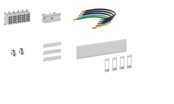 Verschiedene elektrische Komponenten: ein modularer Steckverbinder, Leitungen mit farbigen Adern, Clips und Halterungen auf weißem Hintergrund.