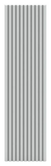 Ein vertikales Rollo mit gleichmäßigen, grauen Streifen. Es vermittelt ein modernes, minimalistisches Design.