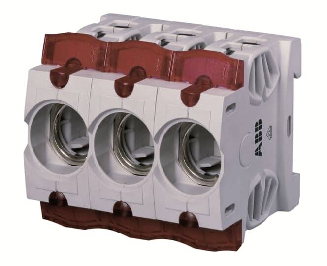 Kompakter Sicherungsblock mit drei roten Hebeln, geeignet für elektrische Anwendungen. ABB-Logo sichtbar.