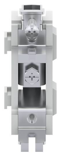 Eine graue, symmetrische LEGO-Technik-Komponente mit Achsöffnungen und Noppen, die Teil eines größeren mechanischen Modells sein kann.