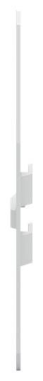 Ein weißer vertikaler Metallstab mit zwei Haken, montiert an einer Wandoberfläche, vermutlich für die Befestigung von Gegenständen.