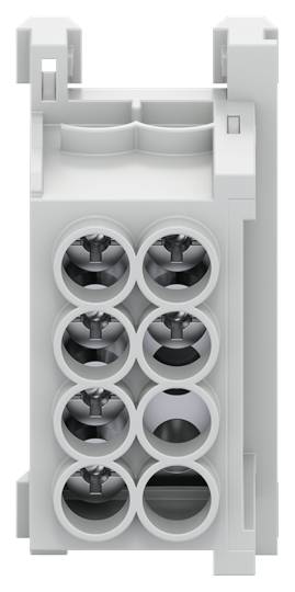 Graues Kunststoffgehäuse mit mehreren runden Öffnungen und metallischen Kontakten. Für elektrische Verbindungen geeignet.