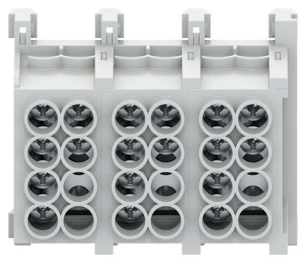 Ein weißes, rechteckiges, technisches Gehäuse mit drei Reihen von runden Öffnungen, jede mit einem metallischen Innengewinde.