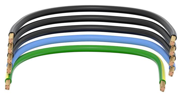 Fünf gebogene Kabel in den Farben Schwarz, Blau und Grün, nebeneinander liegend, mit freiliegenden Kupferenden.
