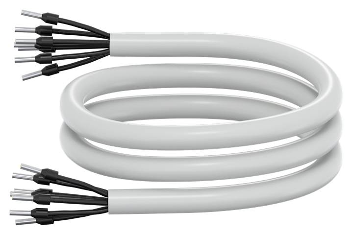 Ein weißes, koaxial gewickeltes Kabel mit mehreren offenen Enden, geeignet für technische Anschlüsse oder Installationen.