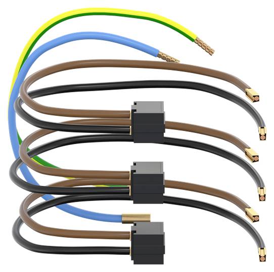Mehrere bunte elektrische Kabel mit Anschlüssen, geordnet in zwei Reihen mit fünf schwarzen Steckern.