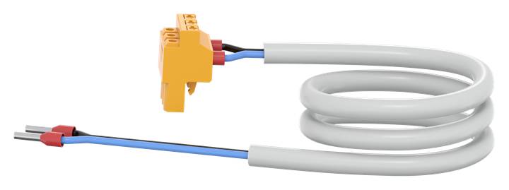 Ein orangefarbener Steckverbinder mit zwei Drähten, verbunden mit einem langen, aufgerollten grauen Kabel.