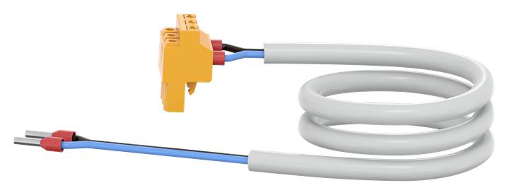 Ein orangefarbener Steckverbinder mit einem grauen Kabel und blauen, roten Leitungen.