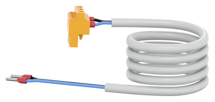 Ein orangefarbener Steckverbinder mit blauer und schwarzer Leitung, umgeben von weißem Spiralkabel, zeigt eine Montageverbindung.