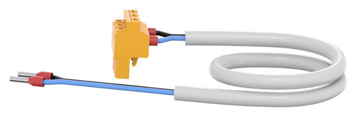 Graues Kabel mit einem orangefarbenen Verbinder, das in einer Schleife gelegt ist. Verbindet elektrische Komponenten miteinander.