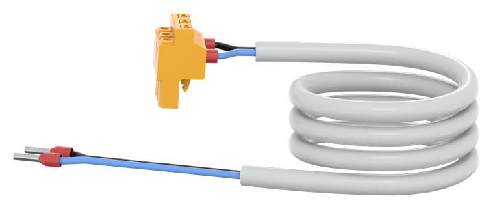 Ein orangefarbener Drahtverbinder mit einer grauen, spiralförmig gewickelten Leitung. Links ein blauer und ein roter Drahtende.