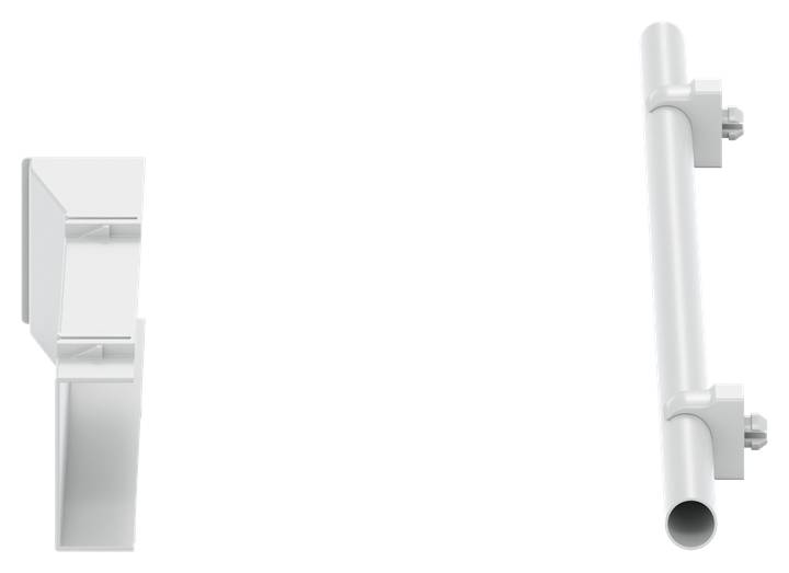 Ein silbernes zweigeteiltes Metallmontageset, das eine Halterung und eine zylindrische Befestigung beinhaltet.