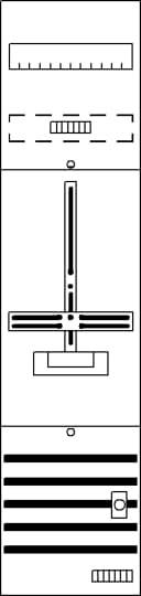 Diagramm zeigt drei stark abstrahierte Symbole von Objekten mit rechteckigen und kreuzförmigen Formen, ergänzt durch Balken und Markierungen.