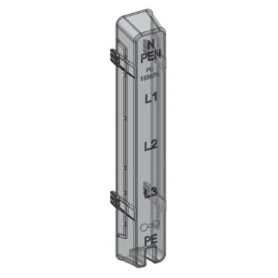 Eine transparente, vertikale Steckschiene für elektrische Leitungsverbindungen mit Markierungen: 'N PEN', 'L1', 'L2', 'L3', 'PE'.