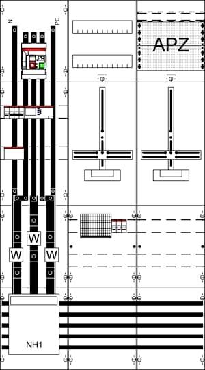 Schaltplan eines Gebäudeverteilers mit Hauptstromleitungen, NH1-Sicherung, zwei Zählerplätzen, beschriftet mit 'APZ' und 'W'.