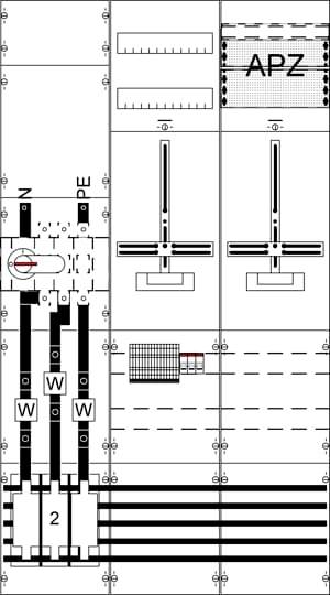 Technische Zeichnung eines Installationsplans mit Symbole für elektrische Komponenten, Schalter und Leitungsverbindungen. Hauptabschnitt mit 'APZ' gekennzeichnet.