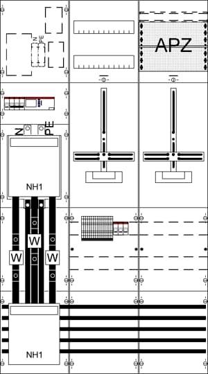 Grundriss eines Schaltschrankes mit Beschriftungen wie 'APZ', 'NH1', 'W'. Darstellung von Kabelkanälen und Geräteplatzierungen.