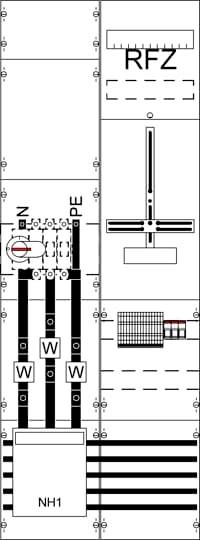 Schemaskizze eines elektrischen Schaltplans, zeigt Leitungen und Anschlüsse, markiert mit 'RFZ', 'N', 'PE', und 'W' für verschiedene Pole und Leitungen.