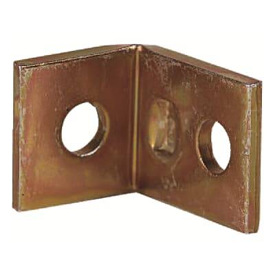 Ein metallener Winkelverbinder mit zwei runden Löchern, geeignet zur Befestigung in Konstruktionen oder Regalkonstruktionen.