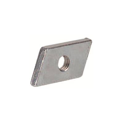 Ein rechteckiger, flacher Metallblock mit einem zentralen, runden Gewindeloch.